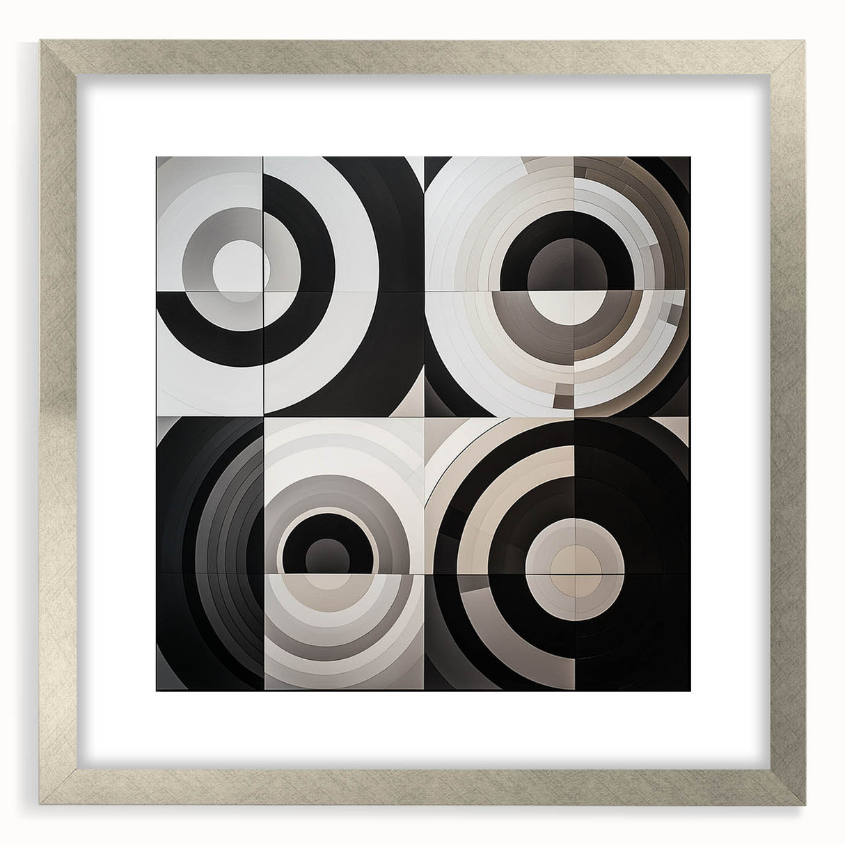 Abstract geometric frame in silver with a mat, showcasing a modern design ideal for contemporary decor. Perfect for enhancing living spaces or galleries.