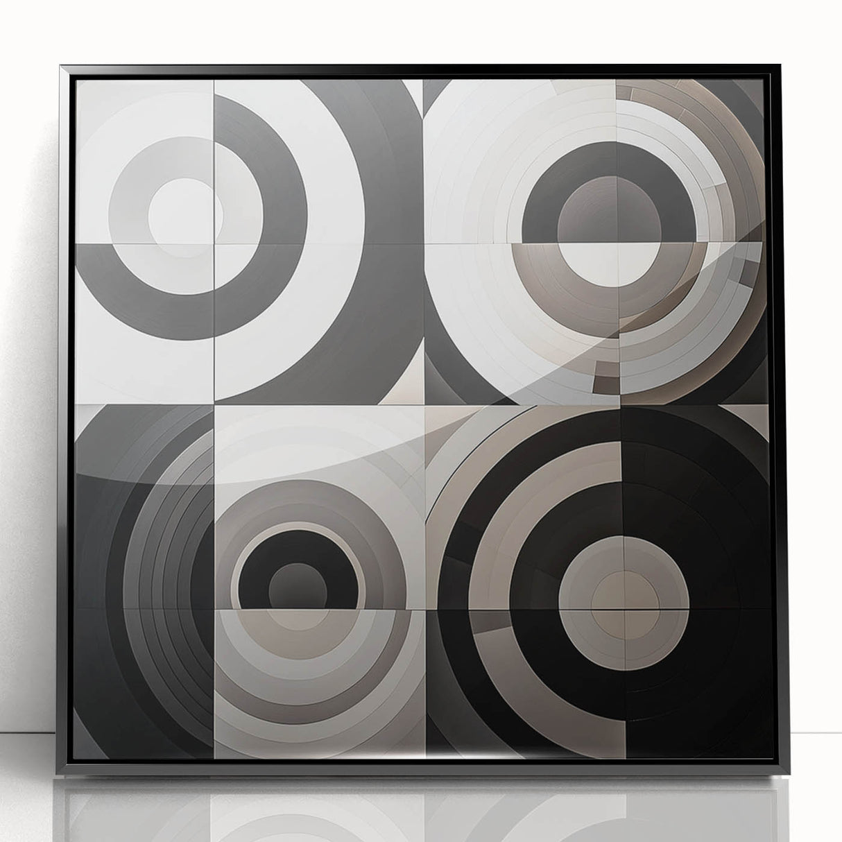 Framed abstract geometric art piece in black acrylic, showcasing sharp angles and contrasting shapes, ideal for modern home decor or office settings.