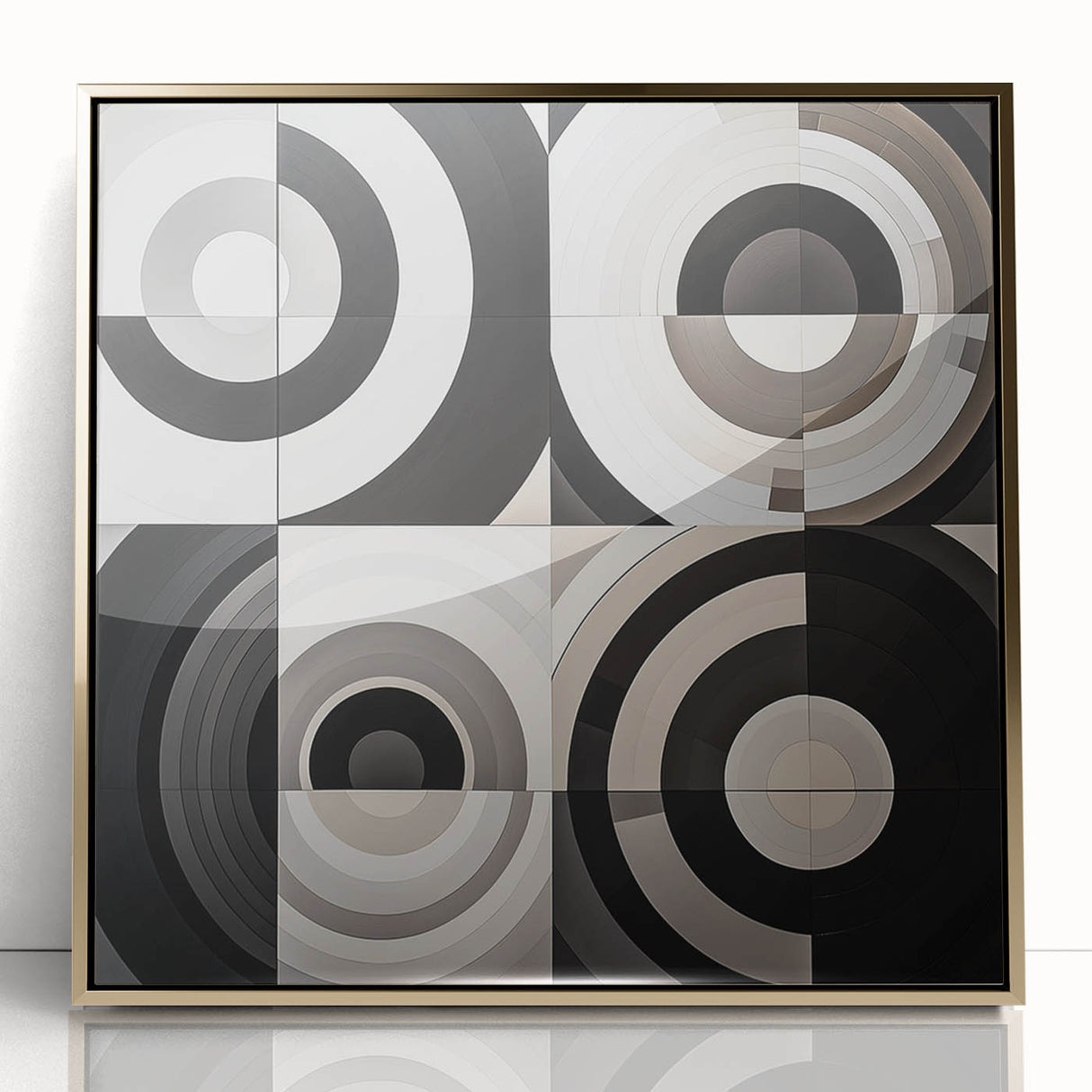 Framed acrylic wall art featuring a modern abstract geometric design in gold tones, showcasing sharp angles and a sleek finish, ideal for contemporary decor.