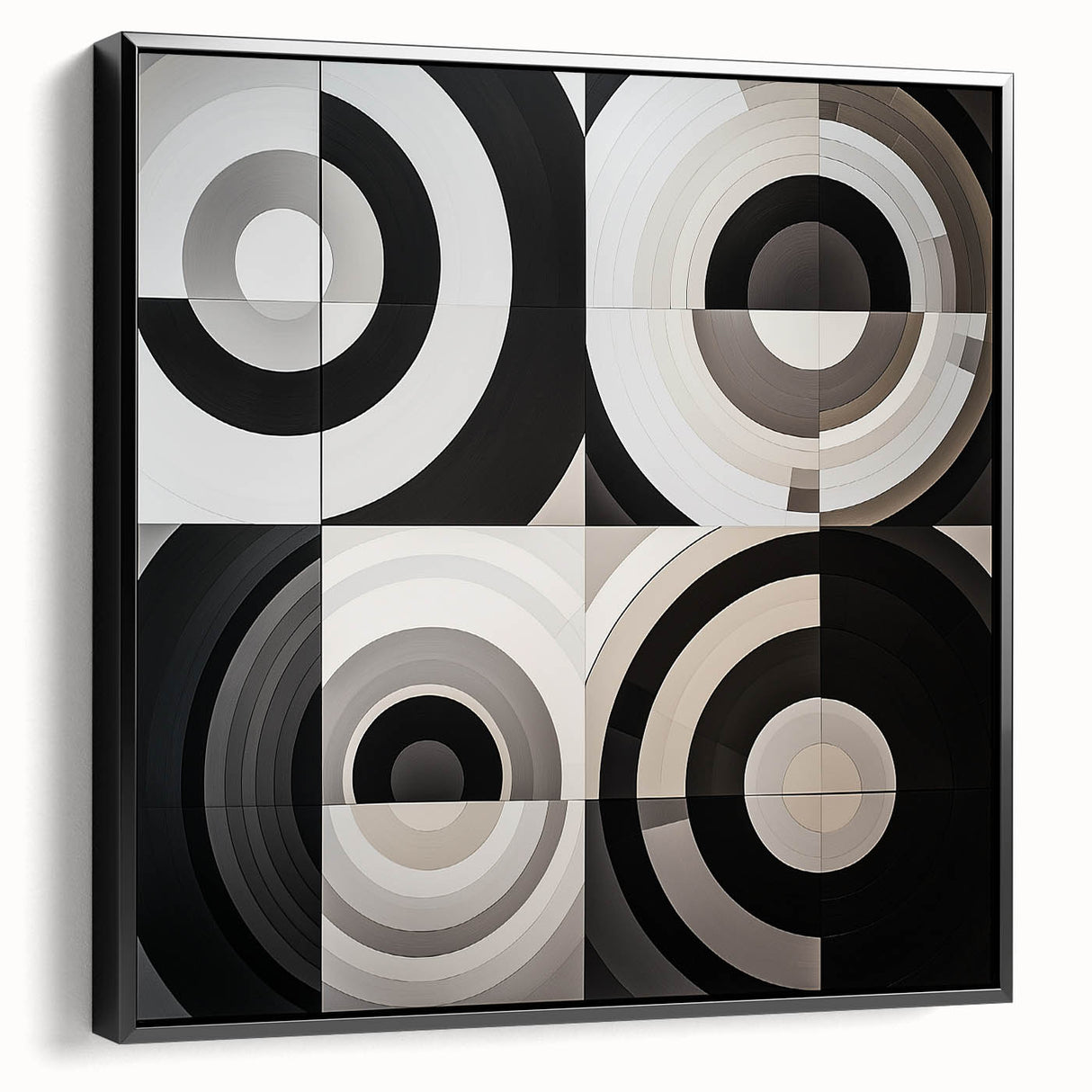 Abstract geometric framed canvas artwork in black, showcasing intricate shapes and lines, ideal for modern home decor. Side view highlights sleek frame and textured details.
