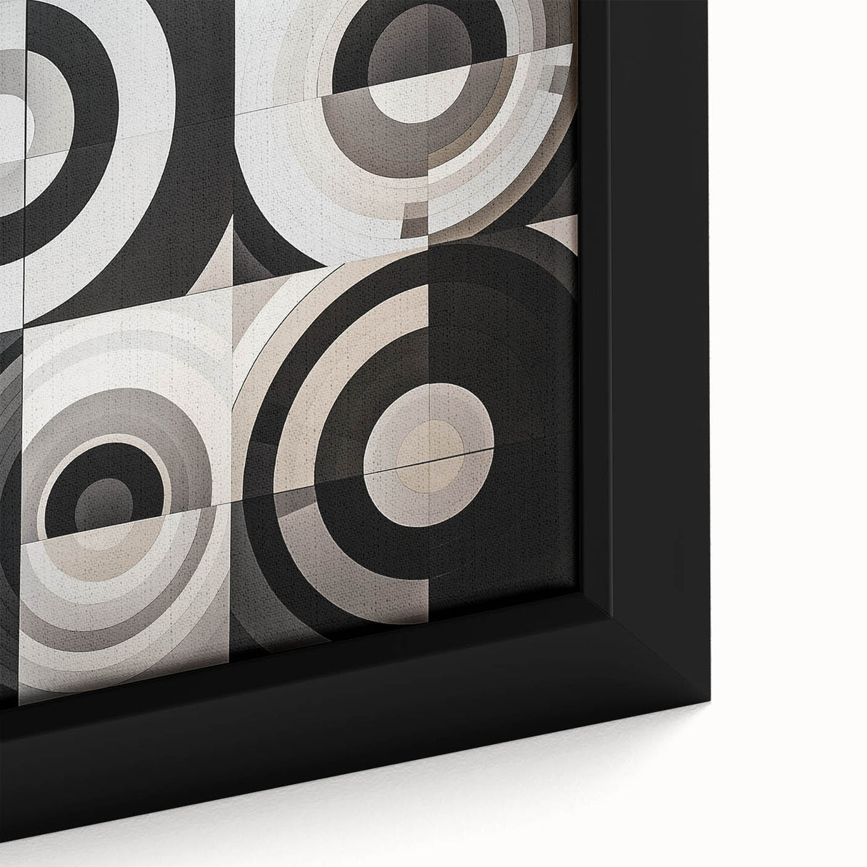 Close-up of an abstract geometric framed canvas artwork, showcasing vibrant colors and intricate patterns, ideal for modern home decor and interior design enthusiasts.