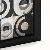 Close-up of an abstract geometric framed canvas artwork, showcasing vibrant colors and intricate patterns, ideal for modern home decor and interior design enthusiasts.