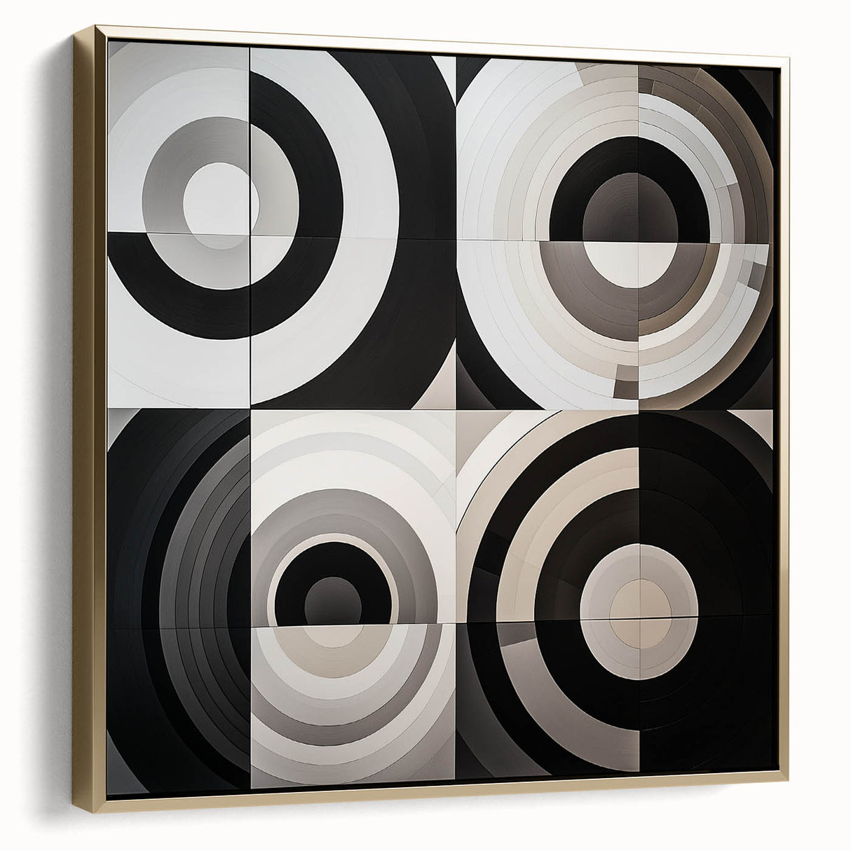 Abstract geometric framed canvas artwork in silver and gold, showcasing intricate shapes and textures, ideal for modern home decor. Perfect for adding a touch of elegance to contemporary interiors.