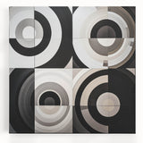 Abstract geometric stretched canvas artwork showcasing vibrant blue, orange, and yellow shapes, designed to enhance modern interiors with a dynamic visual appeal.
