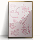 Large acrylic print of mid-century modernist food and drinks art in gold frame, suitable for modern kitchen decor.