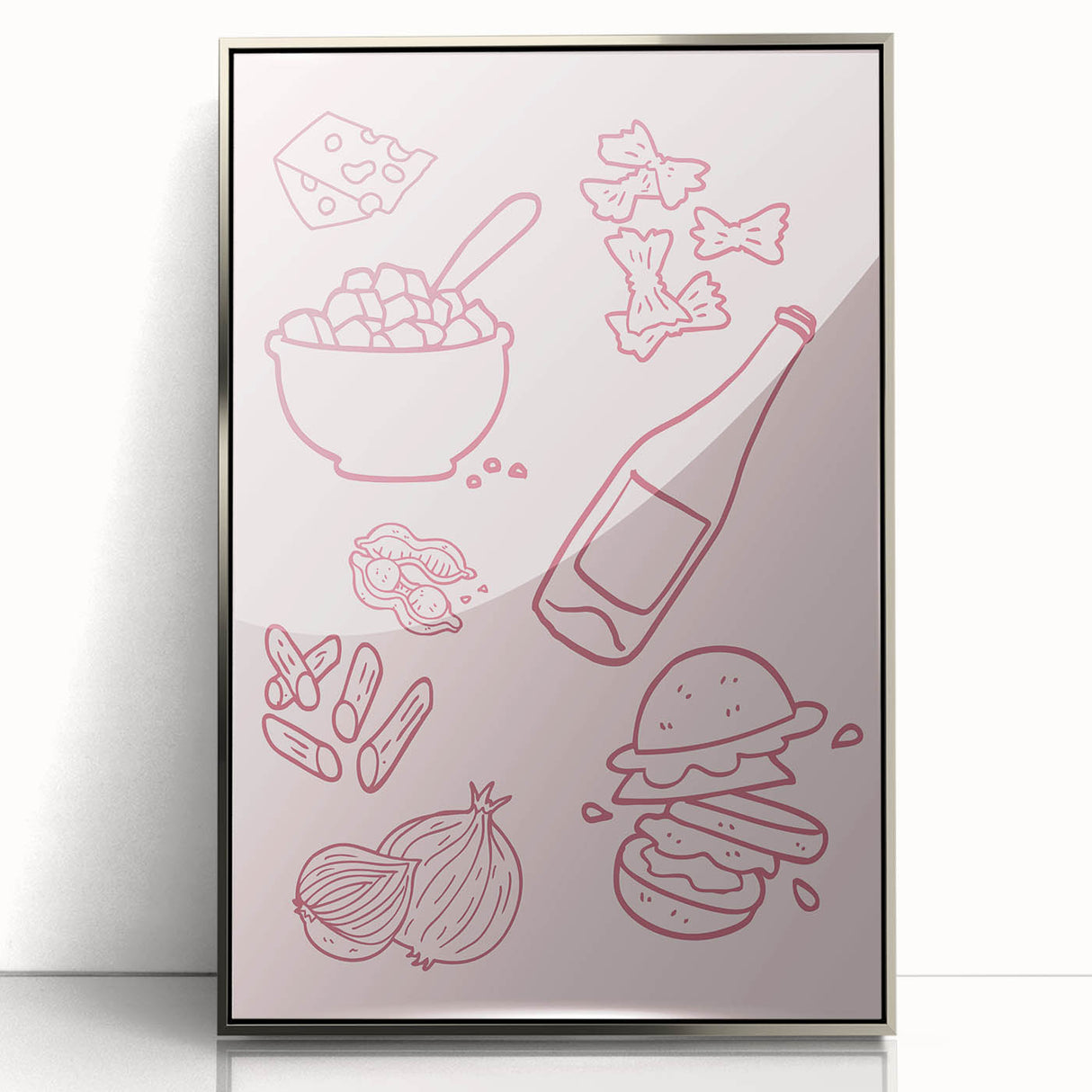 Mid-century modernist art featuring stylized food and drinks on a silver-framed acrylic print.