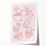 Extra large rolled print featuring a vibrant display of various fruits and vegetables, ideal for art wall dining room decor.