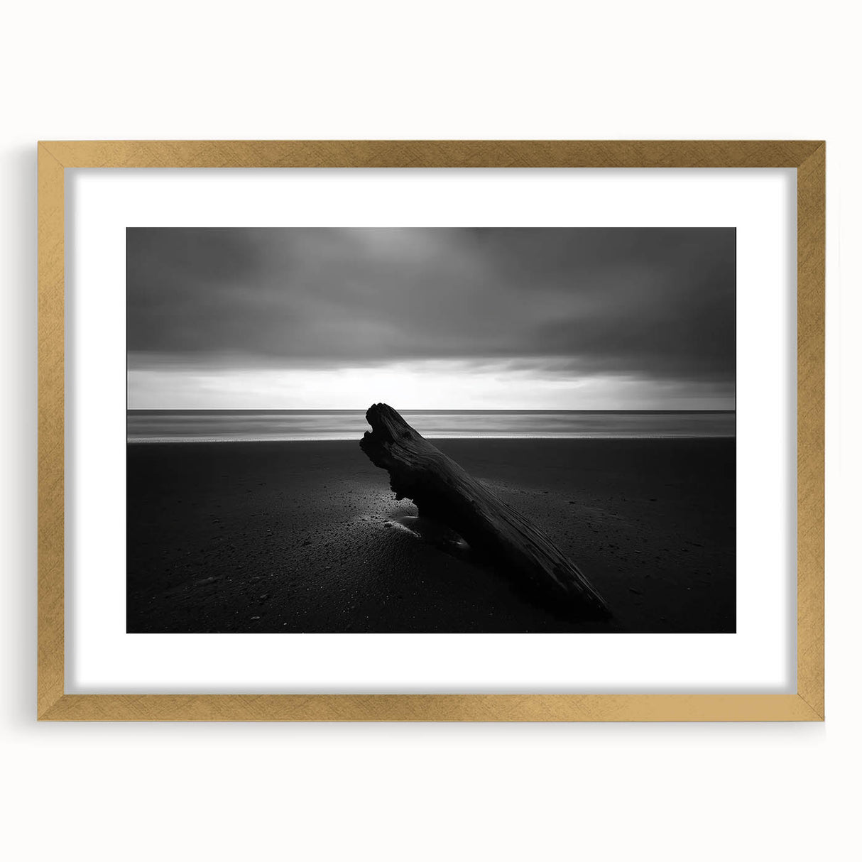 Landscape beach scene framed with a gold mat, showcasing serene ocean waves and sandy shores, perfect for enhancing coastal decor in homes or offices.