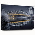 Acrylic glass landscape bridge design viewed from the side, showcasing intricate details and vibrant colors, mounted with pins for stability. Ideal for modern decor.