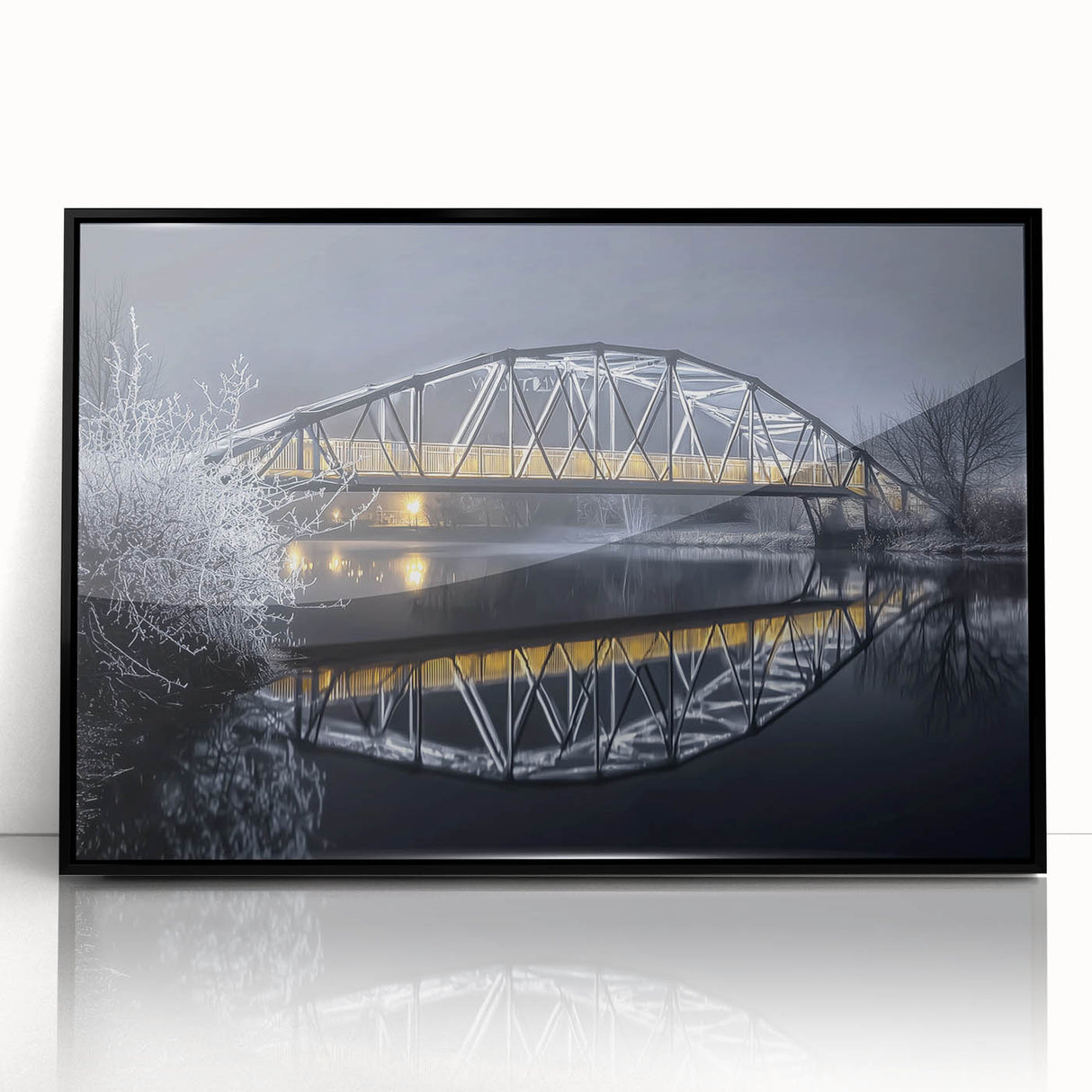 Framed acrylic artwork of a landscape bridge, showcasing intricate details and vibrant colors, set against a sleek black frame, ideal for modern home decor.