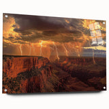 Acrylic glass artwork depicting a vibrant landscape of canyons, showcasing rich colors and intricate details, displayed in a side view with decorative pins. Ideal for enhancing home decor and art collections.