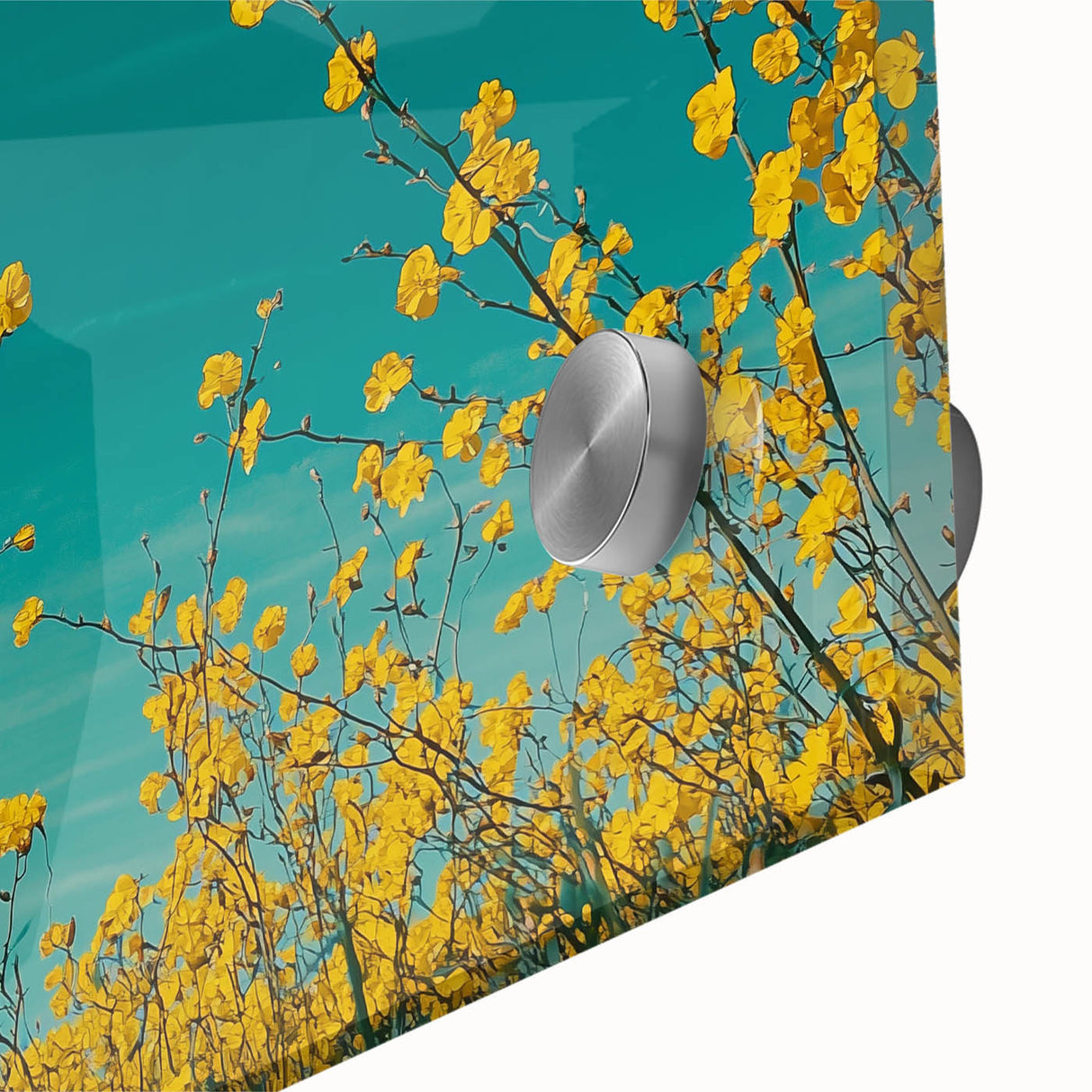 Close-up of a vibrant acrylic landscape artwork depicting a serene countryside scene, showcasing lush greenery, rolling hills, and a clear blue sky, ideal for home decor.
