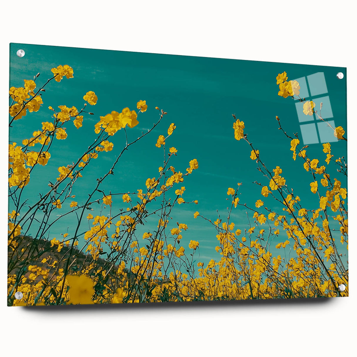 Acrylic glass artwork depicting a serene countryside landscape with lush green fields, rolling hills, and a clear blue sky, viewed from the side with colorful pins.