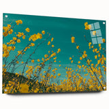 Acrylic glass artwork depicting a serene countryside landscape with lush green fields, rolling hills, and a clear blue sky, viewed from the side with colorful pins.