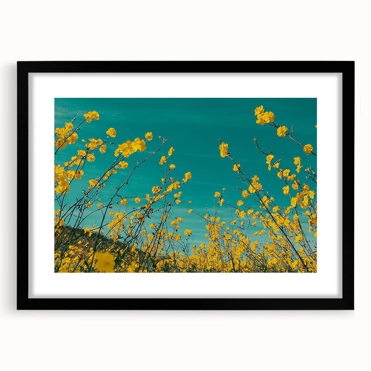 Black-framed landscape artwork showcasing serene countryside scenery with a mat, designed to enhance home decor. Ideal for adding a touch of nature-inspired elegance to any room.