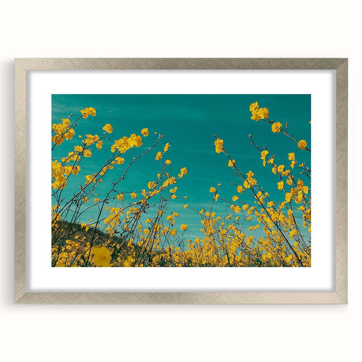 Silver-framed landscape artwork featuring picturesque countryside scenery with a mat border, ideal for home decor and aesthetic enhancement, showcasing vibrant colors and serene nature.