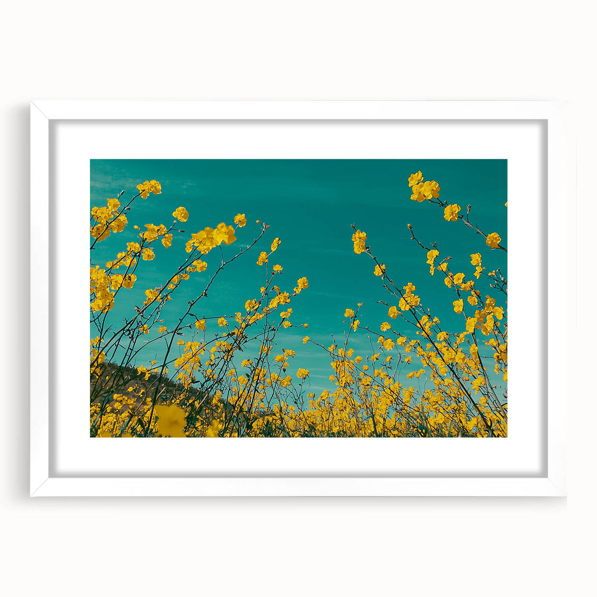 Framed landscape artwork showcasing a serene countryside scene with vibrant green fields and a clear blue sky, elegantly presented in a white mat, perfect for home decor.