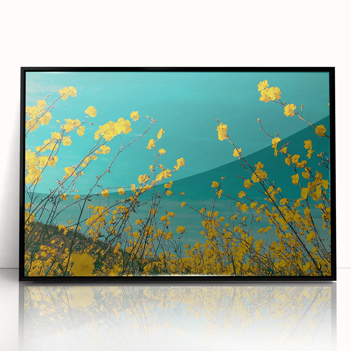 Framed acrylic landscape artwork showcasing a serene countryside scene with lush greenery and rolling hills, presented in a sleek black frame for elegant display.