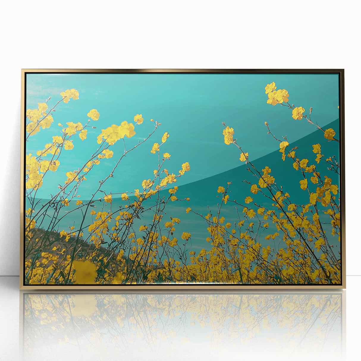 Framed acrylic artwork depicting a serene countryside landscape with golden accents, perfect for enhancing home decor and adding a touch of elegance to interiors.