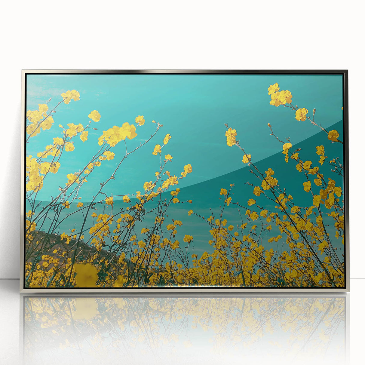 Framed acrylic artwork depicting a serene countryside landscape with rolling hills and vibrant greenery, set in a sleek silver frame, ideal for home décor.