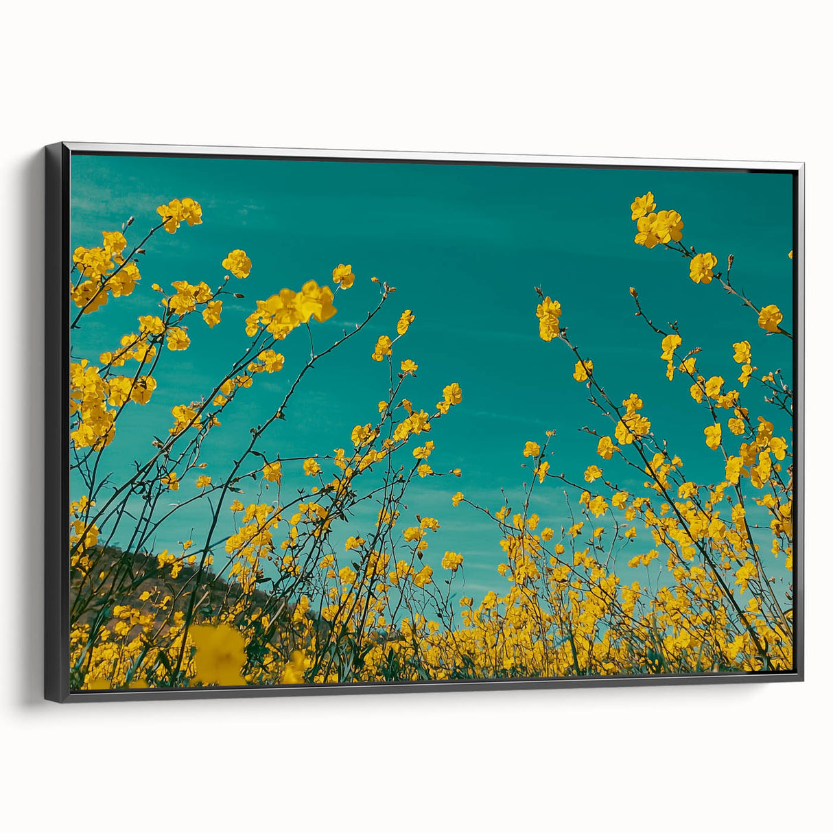 Framed canvas artwork showcasing a serene countryside landscape, featuring vibrant green fields and a clear blue sky, presented in a sleek black frame, ideal for home decor.