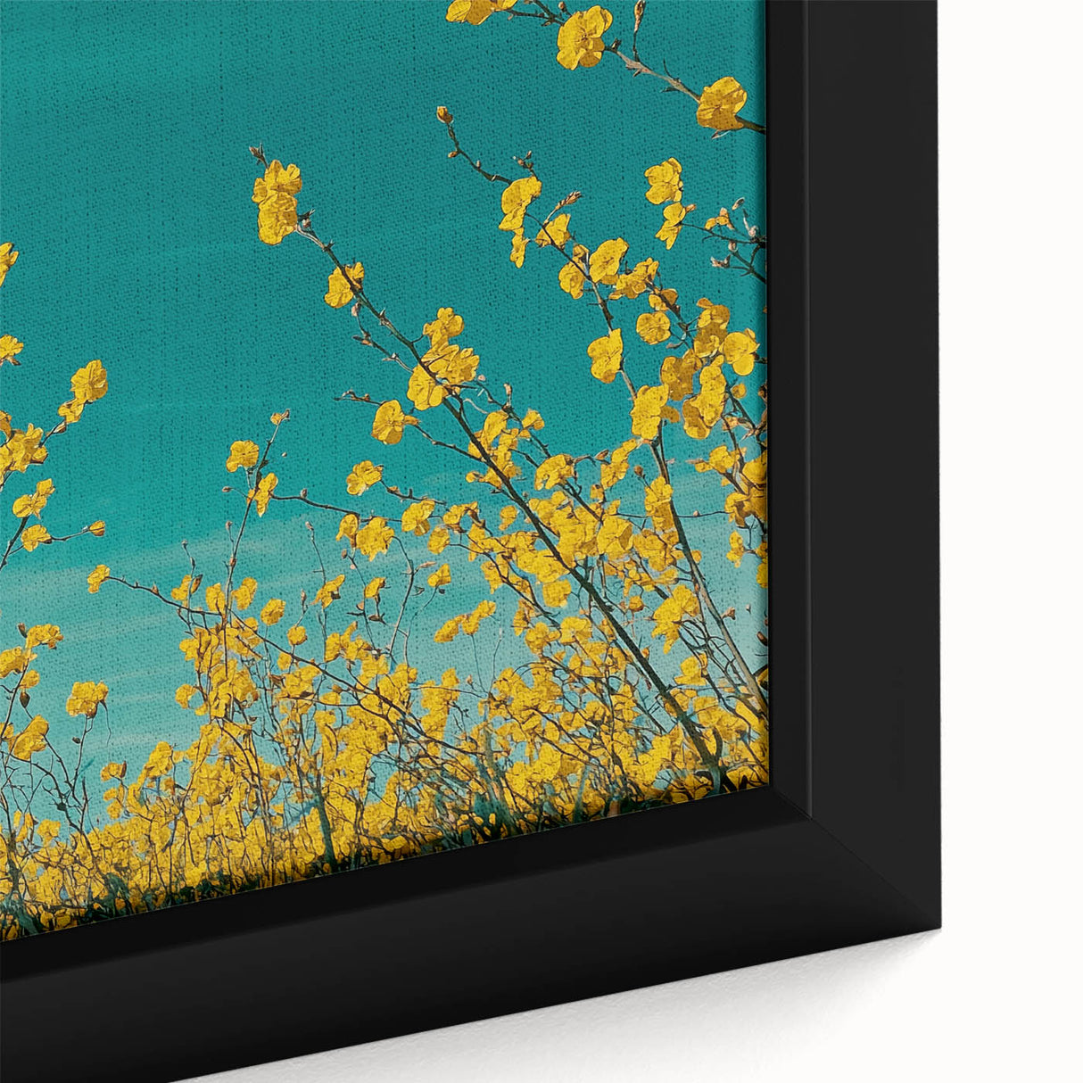 Close-up of a framed canvas artwork depicting a serene countryside landscape, showcasing vibrant greens and soft clouds, ideal for home decor and nature enthusiasts.