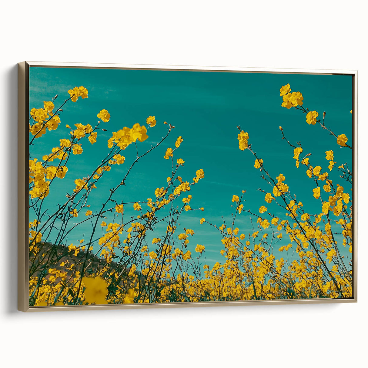 Framed canvas artwork displaying a serene countryside landscape, featuring lush green fields and a golden frame, ideal for enhancing home decor with a touch of nature.