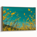 Framed canvas artwork displaying a serene countryside landscape, featuring lush green fields and a golden frame, ideal for enhancing home decor with a touch of nature.