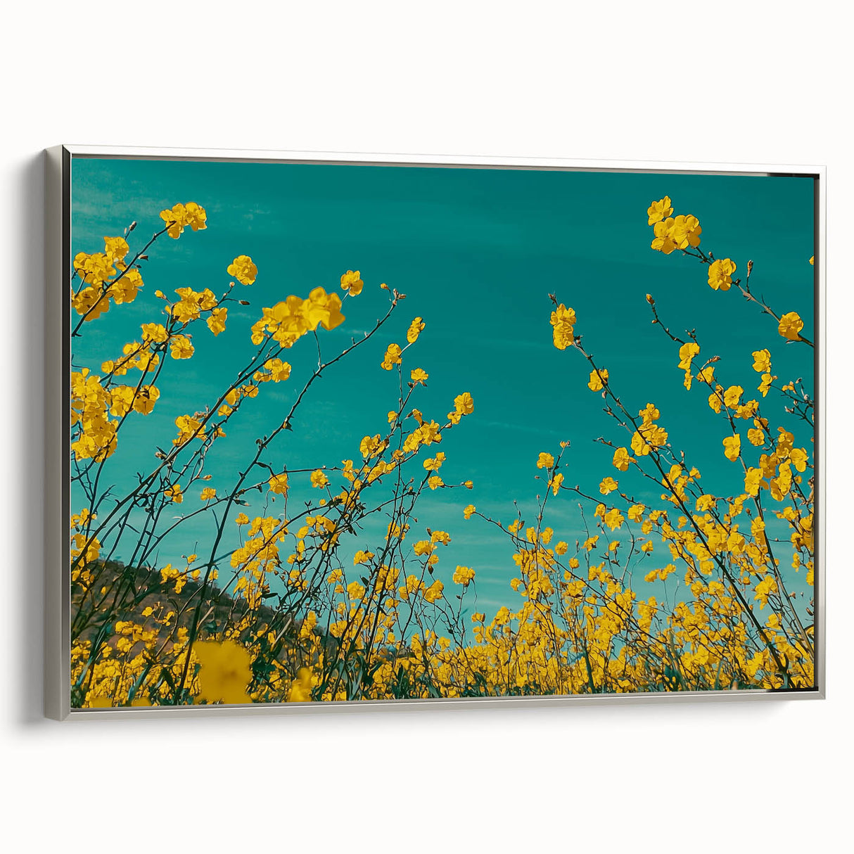 Framed canvas artwork showcasing a serene countryside landscape with vibrant green fields and a clear blue sky, elegantly bordered with a silver frame, perfect for home decor.