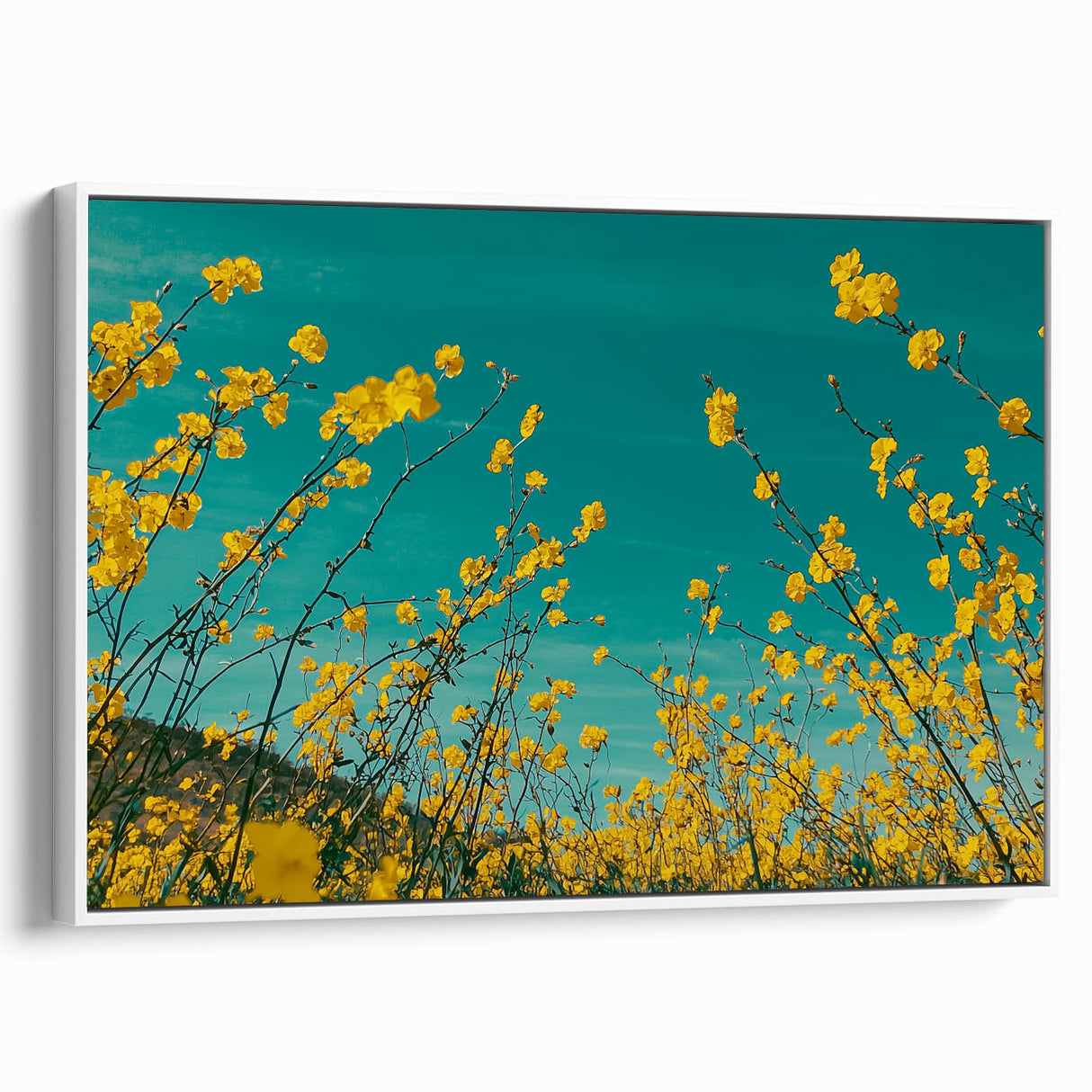 Framed canvas artwork depicting a serene countryside landscape with rolling hills, lush greenery, and a clear blue sky, presented in a sleek white frame. Ideal for home decor, this piece adds a touch of tranquility to any space.