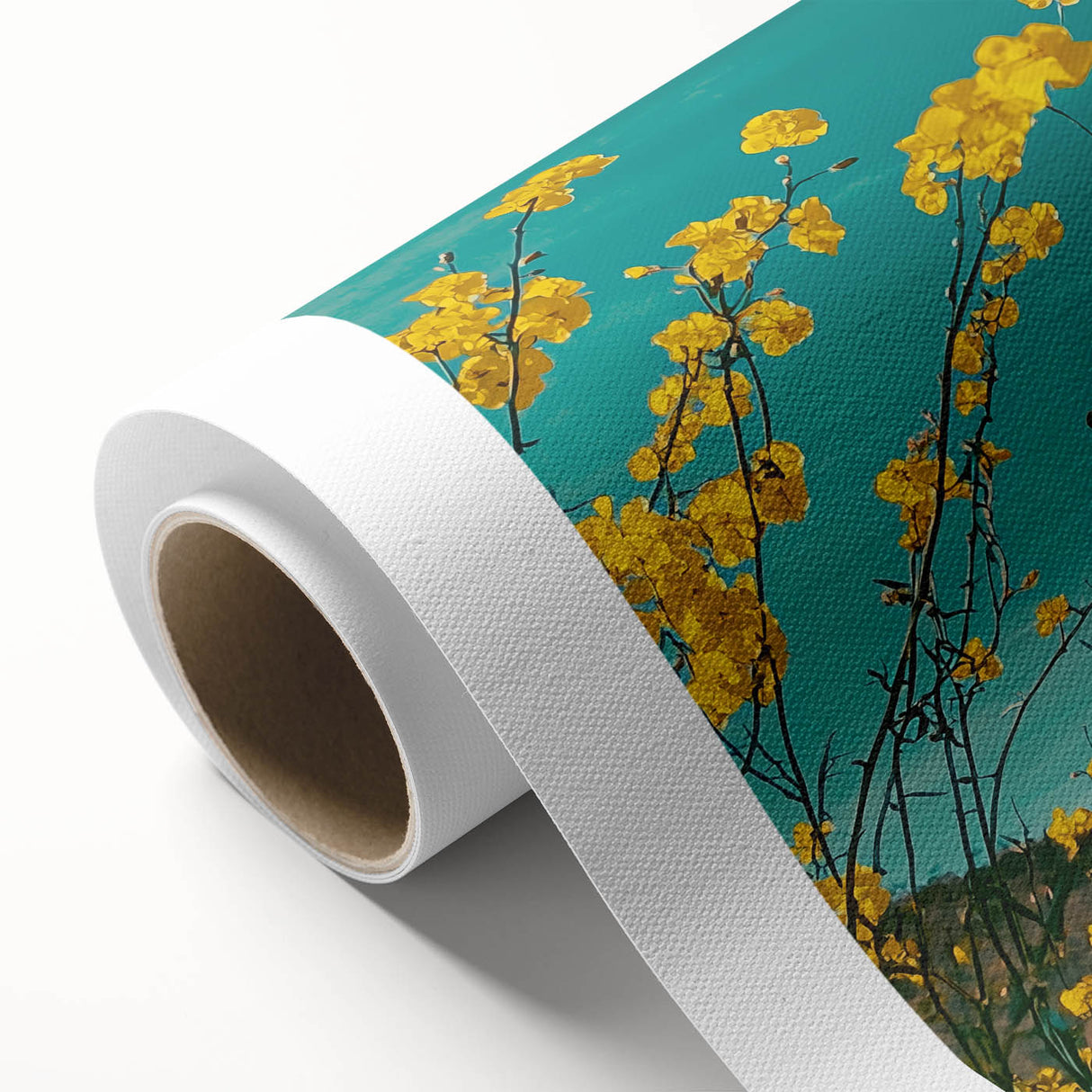 Rolled canvas artwork showcasing a serene countryside landscape with rolling hills and vibrant greenery, elegantly packaged in a protective cardboard tube for safe shipping.
