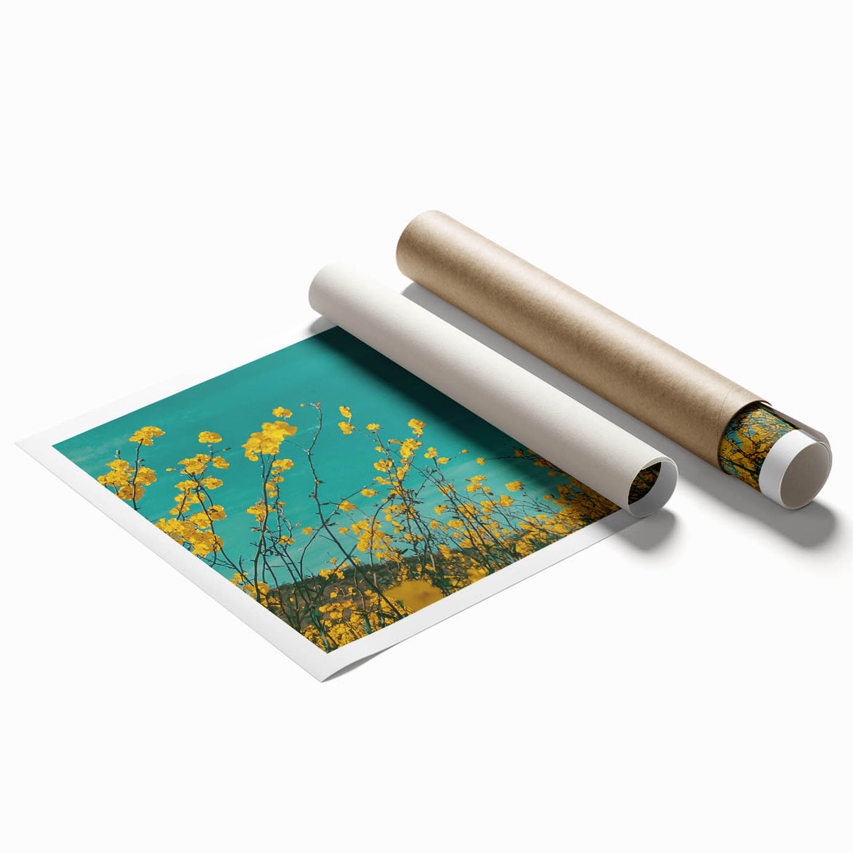 Rolled print showcasing a serene countryside landscape with rolling hills and vibrant green fields, designed for home decor, presented in a protective cardboard tube.