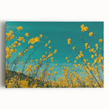 Stretched canvas artwork depicting a serene countryside landscape with vibrant green rolling hills, a clear blue sky, and scattered trees, perfect for home decor.