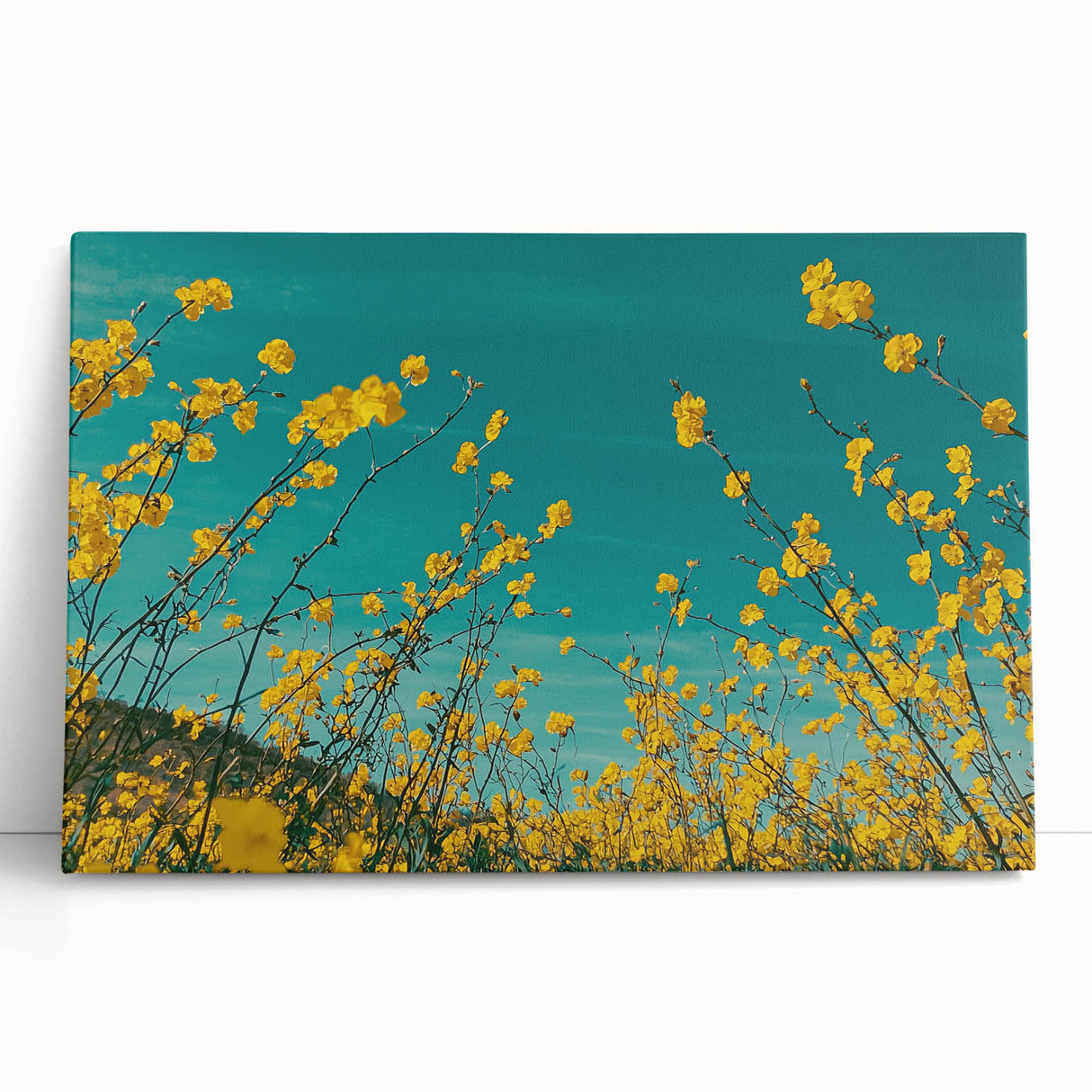 Stretched canvas artwork depicting a vibrant countryside landscape with rolling hills and a clear blue sky, leaning against a neutral wall, showcasing rich greens and warm earth tones. Ideal for home decor enthusiasts seeking nature-inspired art.
