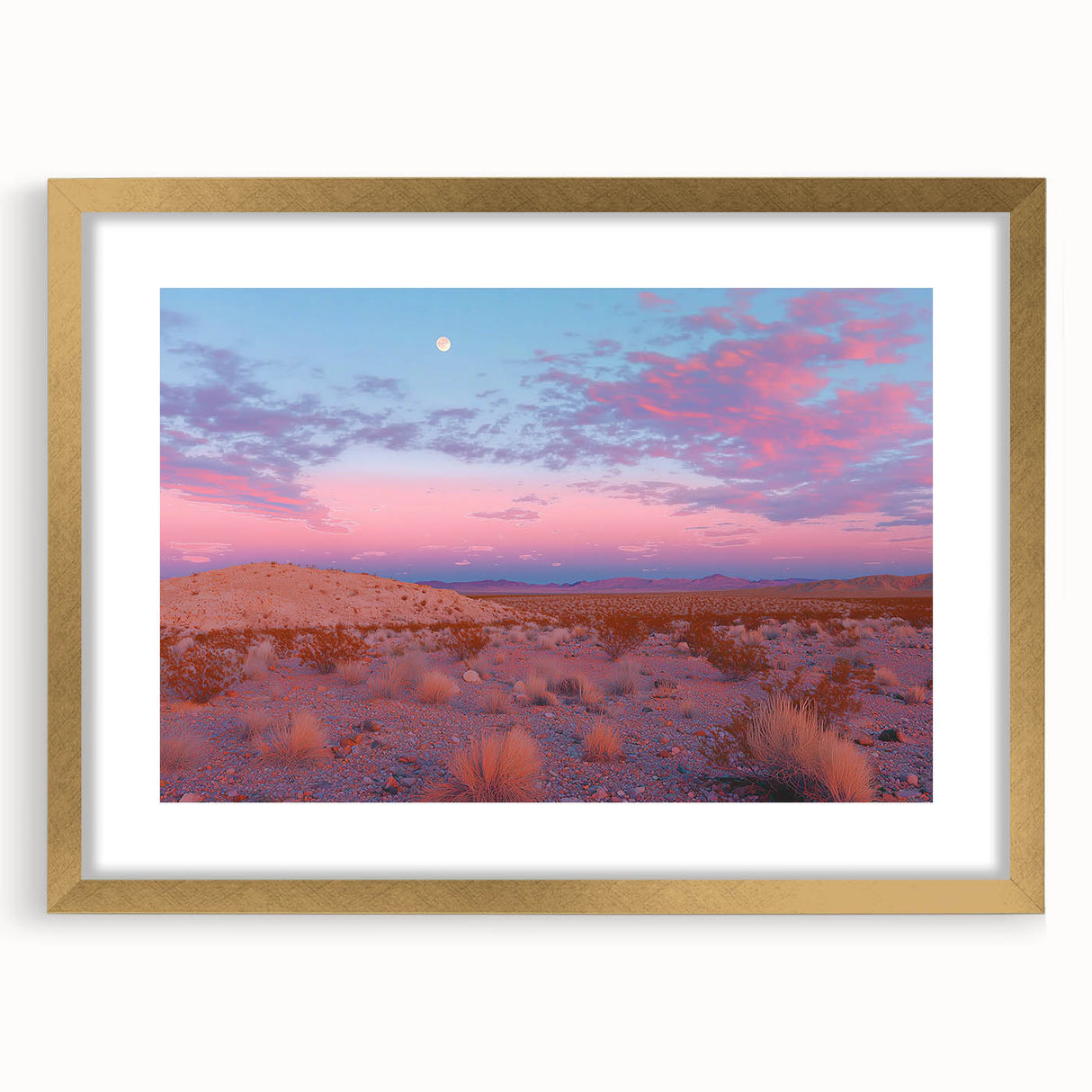 Desert landscape framed art piece with gold accents, showcasing warm tones of sand and sunset, ideal for home decor in living rooms or offices.