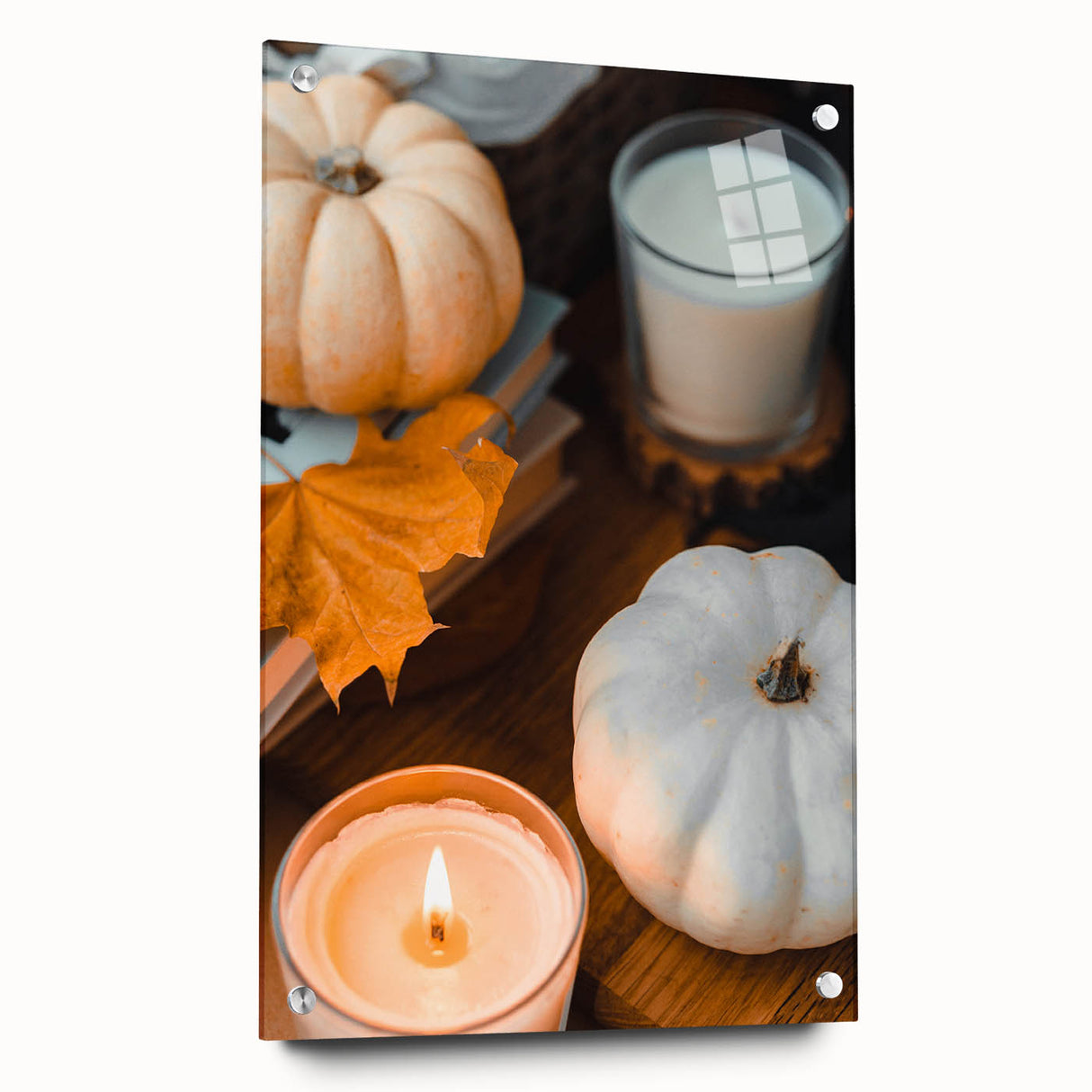 Large abstract wall art depicting autumnal trees in vibrant orange and red tones on acrylic glass.