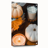 Large abstract wall art depicting autumnal trees in vibrant orange and red tones on acrylic glass.