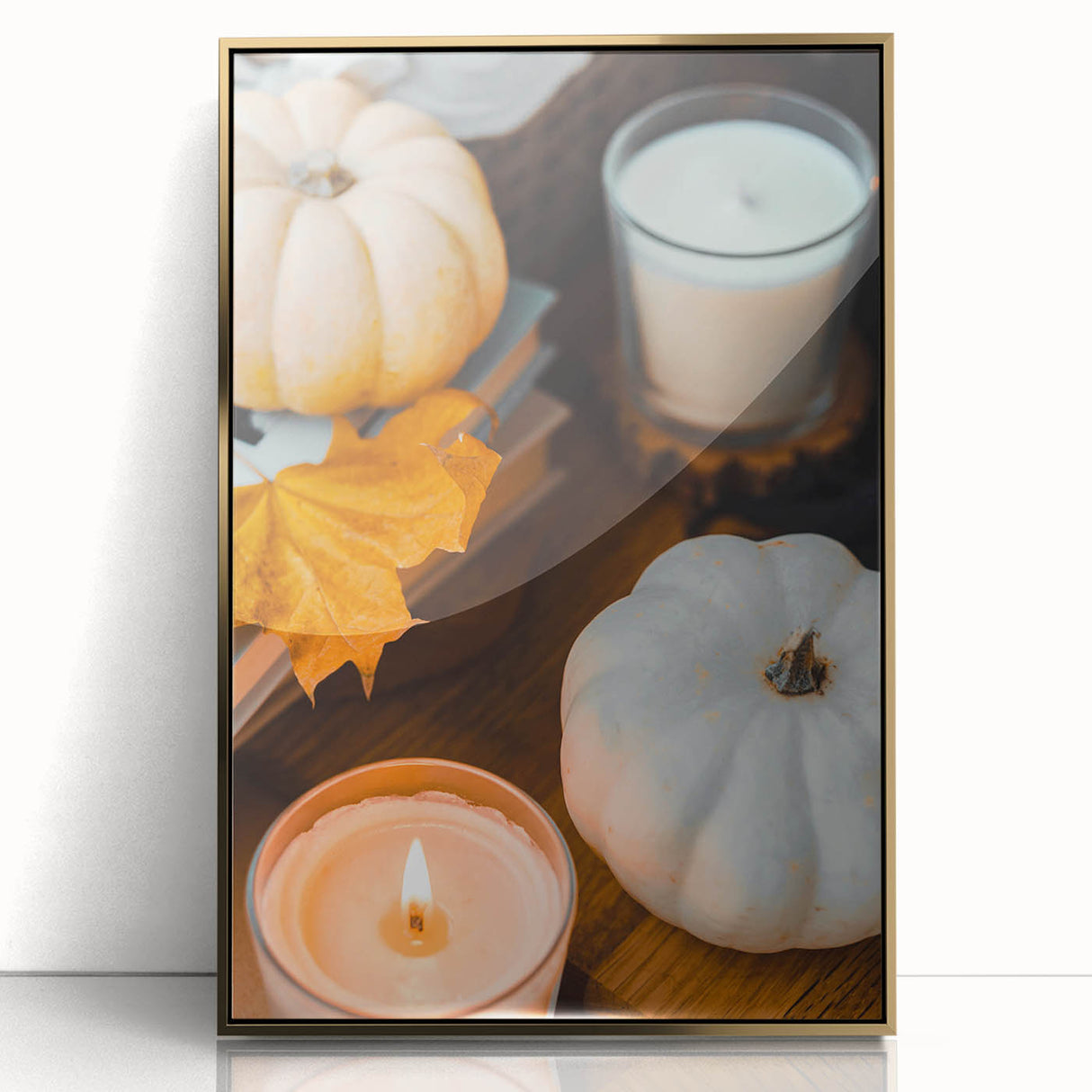Large art print of a mid-century modernist fall scene in acrylic, framed in gold, ideal for modern nursery decor.
