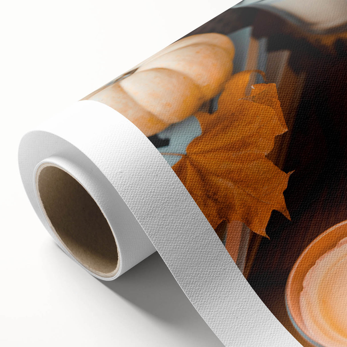 Art Deco poster featuring autumnal trees in orange and brown tones, on rolled canvas.
