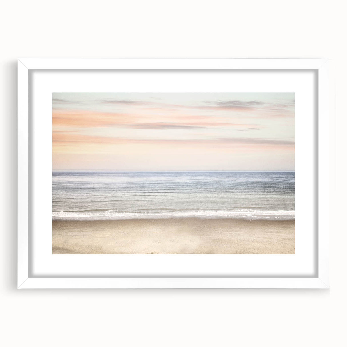 Abstract art print featuring swirling summer tones in yellow and blue on a white framed canvas.
