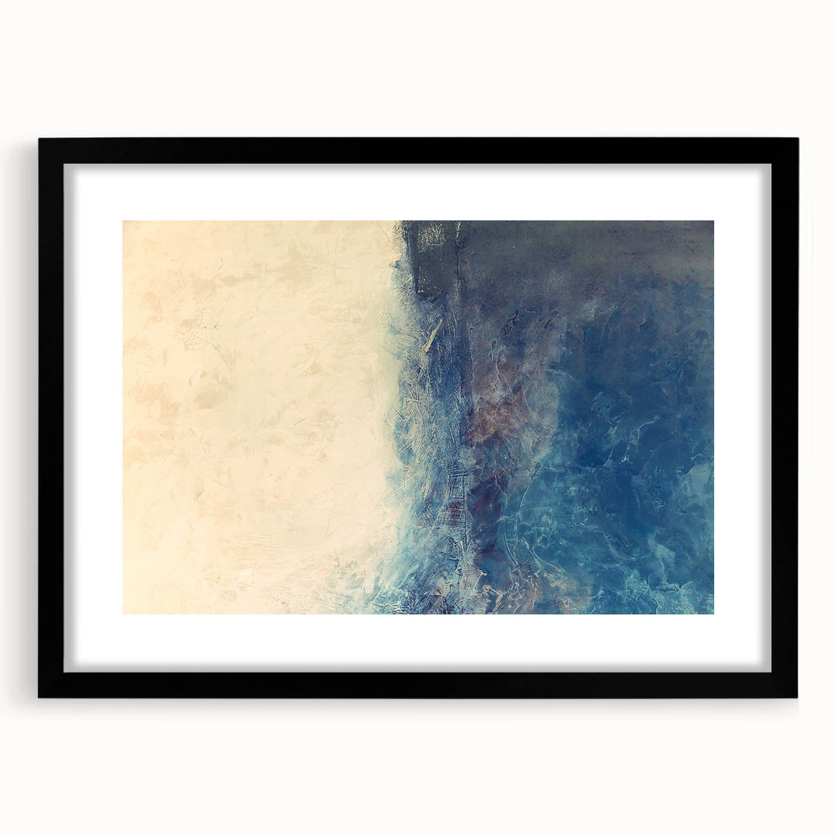 Abstract strokes wall art framed with a black mat, showcasing bold colors and dynamic lines, perfect for modern home decor or office space enhancement.