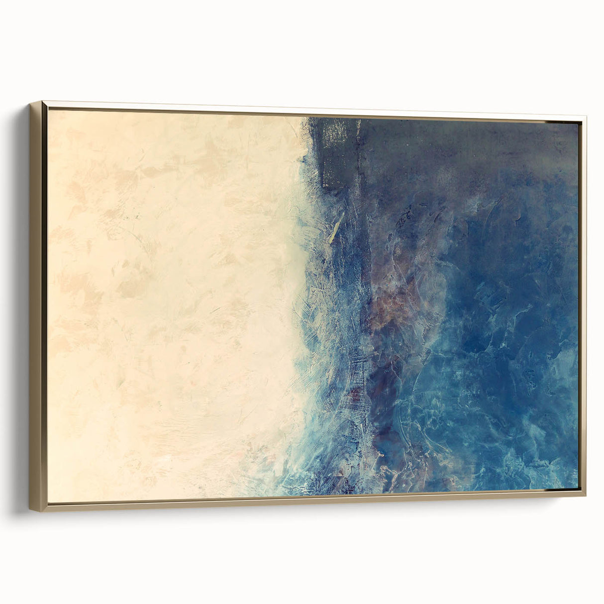 Framed canvas wall art showcasing abstract strokes in gold and neutral tones, highlighting contemporary design. Perfect for modern home decor, side view display.