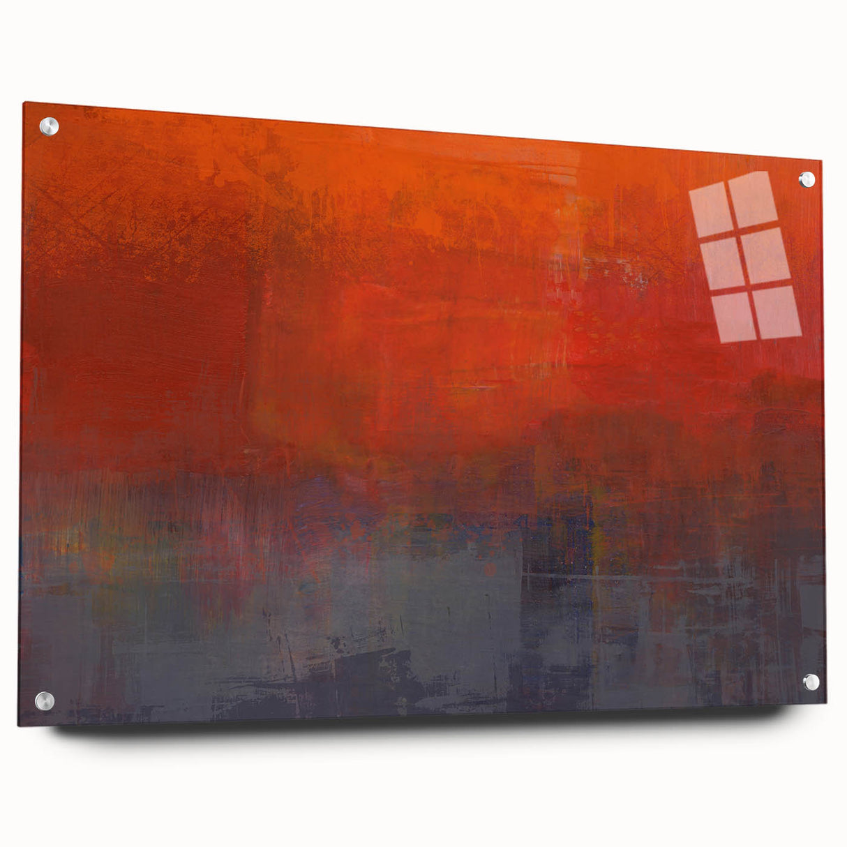 Abstract wall art featuring vibrant strokes in shades of blue, pink, and gold, displayed in a sleek acrylic frame with metal pins for a modern touch. This striking piece adds a contemporary flair to any living space or office decor.