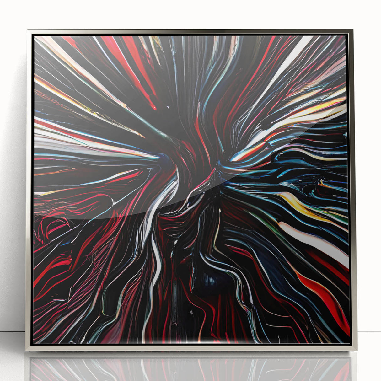 Framed abstract wall art featuring vibrant silver strokes on a textured background, elegantly displayed in a sleek acrylic frame. Perfect for modern home decor.