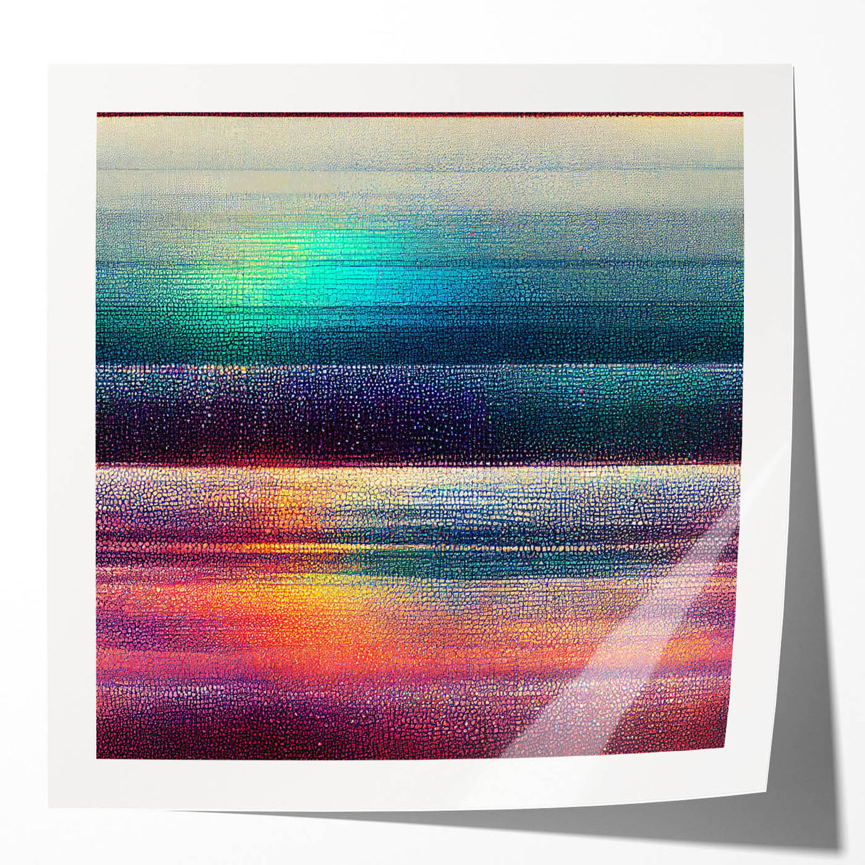 Abstract strokes wall art print showcasing vibrant colors of blue, pink, and gold on a glossy surface, perfect for modern home decor and artistic flair.