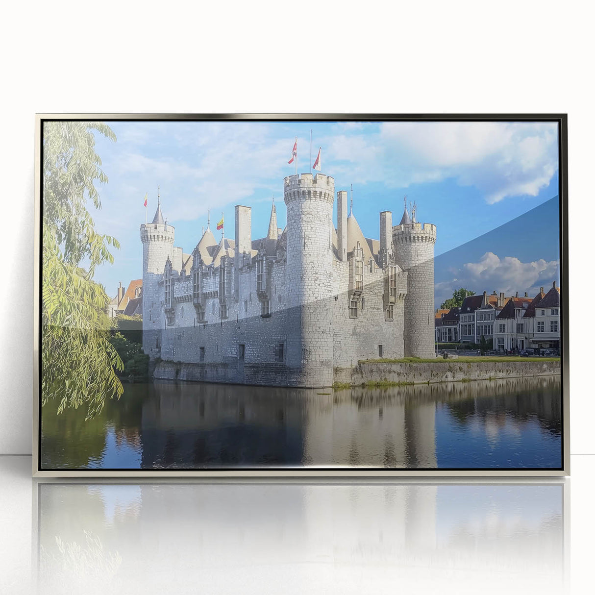 Framed acrylic artwork showcasing a stunning landscape with a castle set against a vibrant sky, featuring intricate details and a sleek silver frame, perfect for home decor.