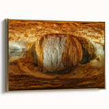 Framed canvas artwork showcasing a stunning cave landscape design with golden accents, elegantly displayed from a side view to highlight its texture and depth.