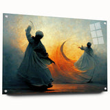 Abstract figurative wall art design on acrylic glass, showcasing vibrant colors and dynamic shapes, displayed at an angle with mounting pins for easy installation.