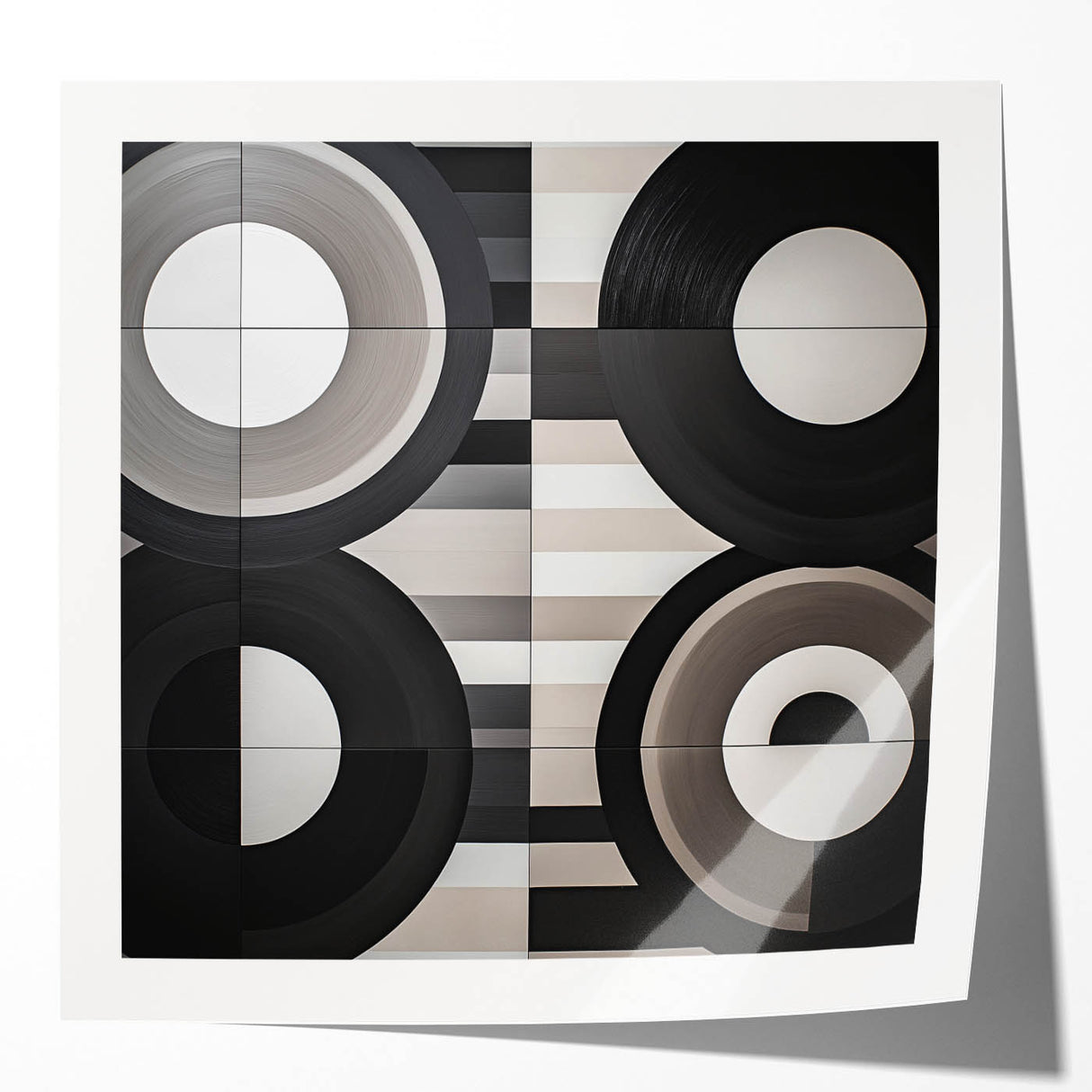 Abstract geometric print mockup featuring vibrant colors and glossy finish, ideal for showcasing artwork in modern interior settings. The design includes dynamic shapes and forms that enhance contemporary decor.