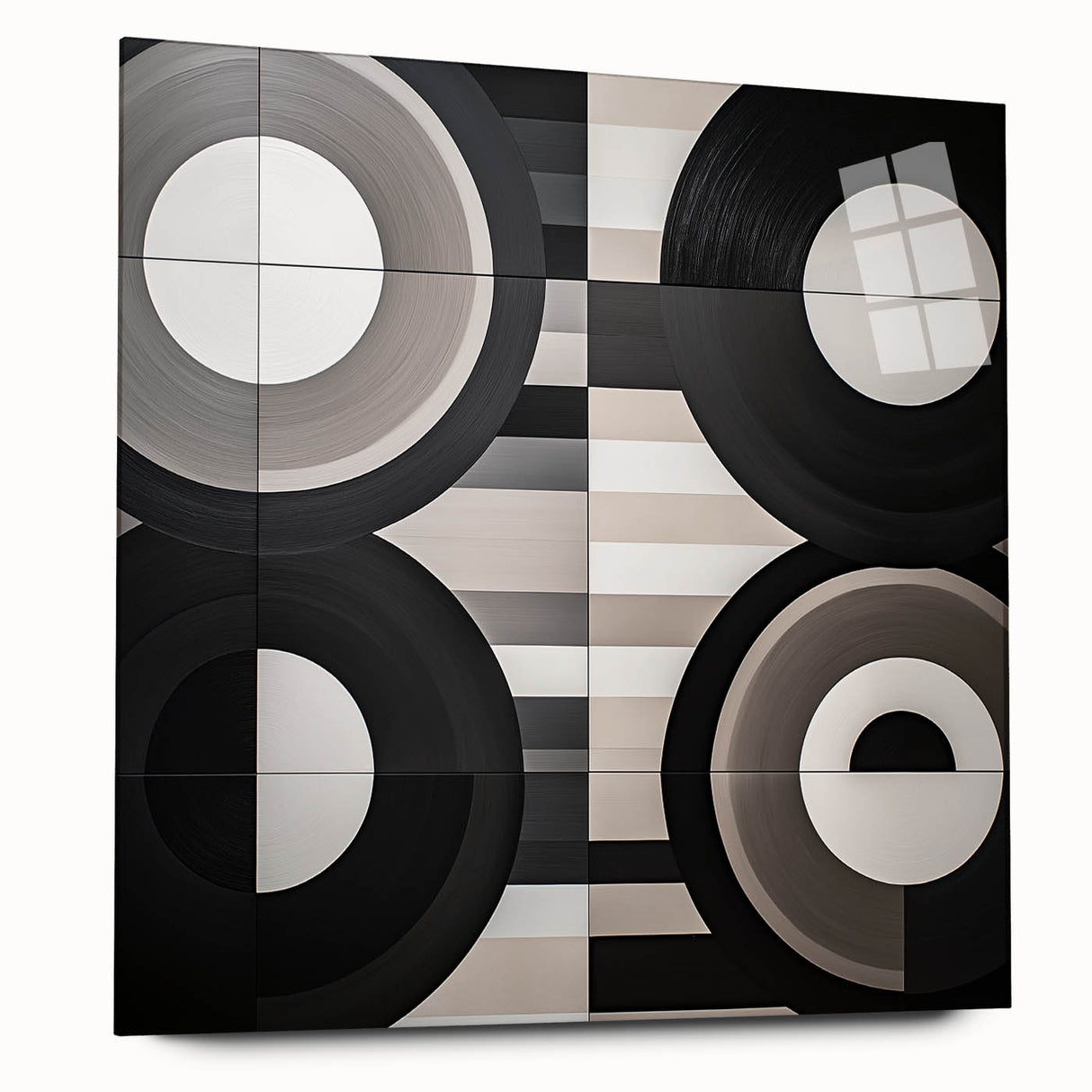 Abstract geometric acrylic glass artwork showcasing vibrant colors and intricate patterns, viewed from the side, designed for modern home decor.